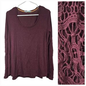 Maurices Waffle Knit Thermal Tee Crochet Lace Sleeve Burgundy Pullover Large